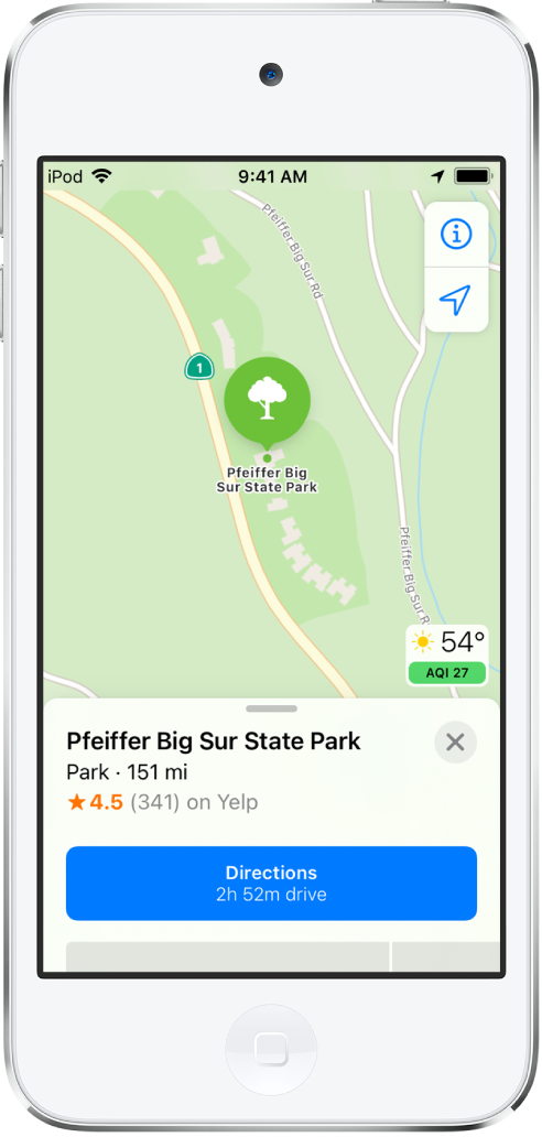 A map showing the location of a park. The information card at the bottom of the screen includes a button for getting directions.