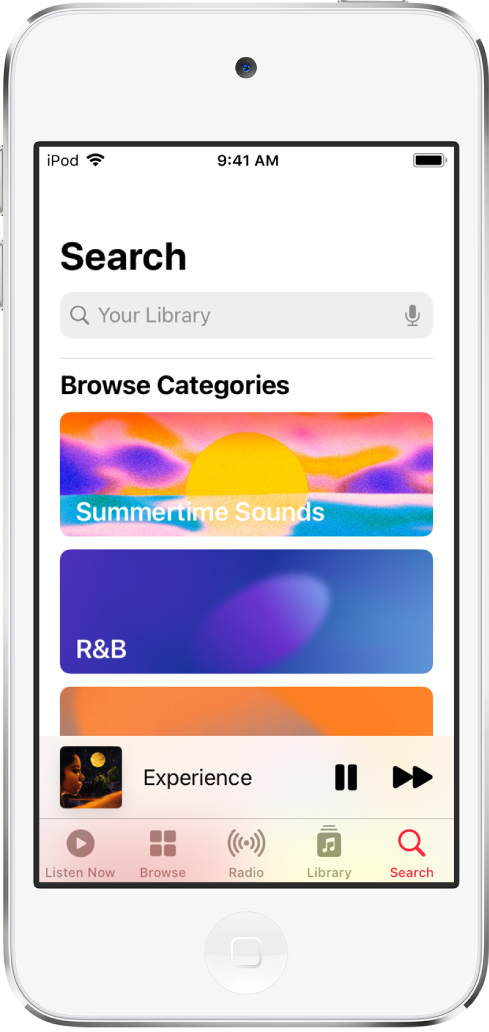 The Search screen showing a search field at the top. The Browse Categories section below shows two categories.
