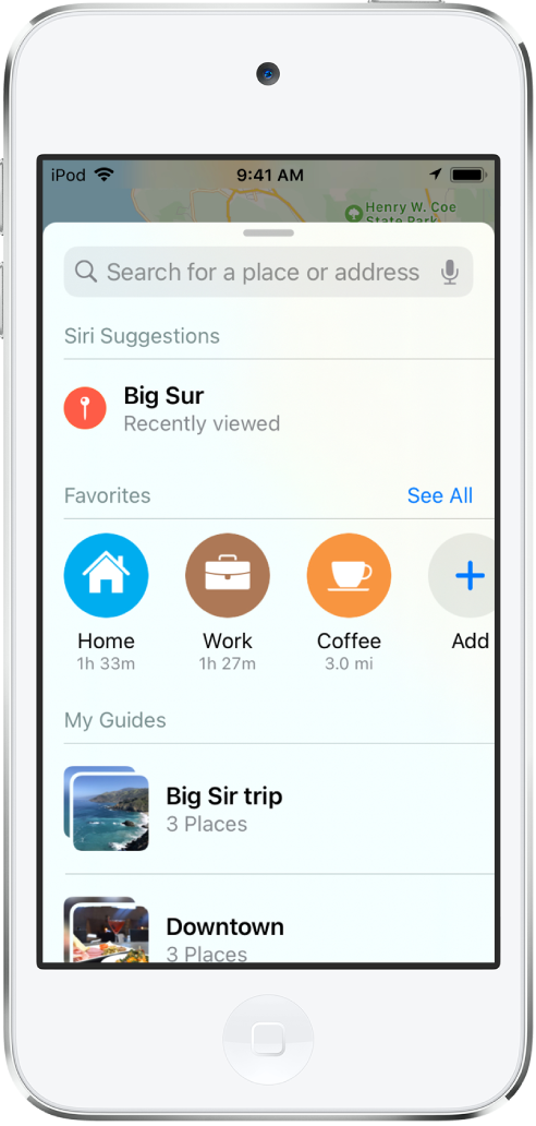 The search card fills the screen. The section for My Guides appears below the Favorites row. In the My Guides section are guides named “Big Sur trip” and “Downtown.”