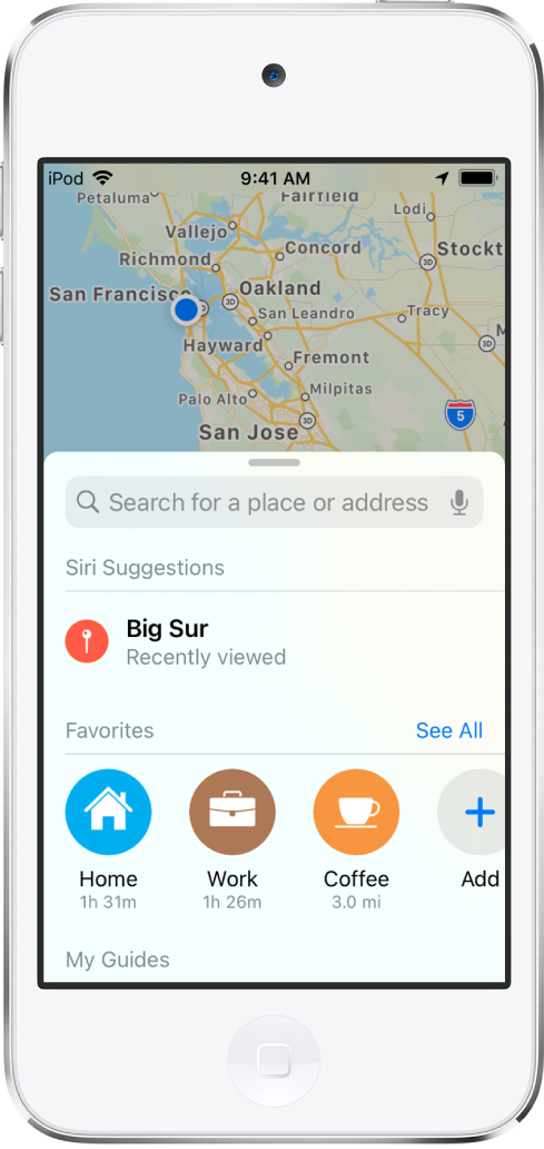 A map of the San Francisco Bay Area, with three favorites shown at the bottom of the screen. The favorites are Home, Work, and Coffee.