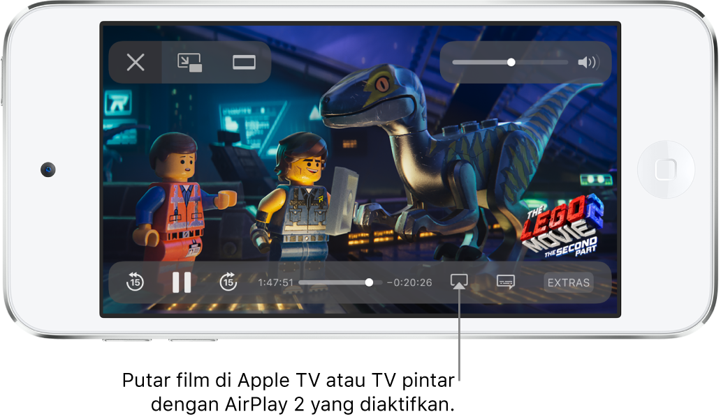 Film diputar di layar iPod touch. Di bagian bawah layar terdapat kontrol pemutaran, termasuk tombol Pencerminan Layar di dekat kanan bawah.