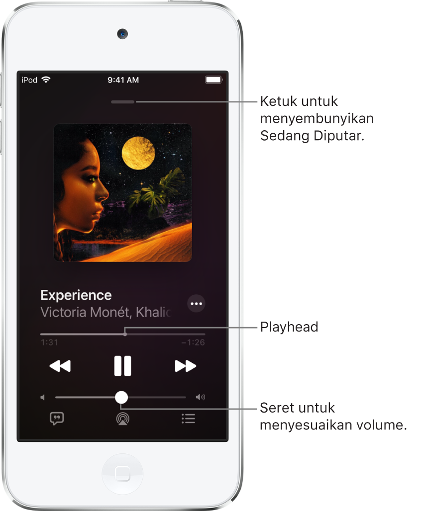 Layar Sedang Diputar menampilkan gambar album. Di bagian bawah terdapat judul lagu, nama artis, tombol Lainnya, pemutaran, kontrol pemutaran, penggeser volume, tombol Lirik, tombol Tujuan Pemutaran, dan tombol Antrean. Tombol Sembunyikan Sedang Diputar berada di bagian atas.