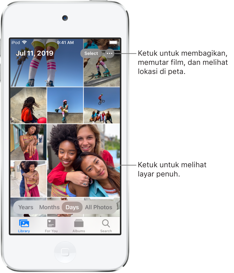 Perpustakaan foto ditampilkan dalam tampilan Hari. Pilihan gambar mini foto mengisi layar. Di kiri atas layar terdapat tanggal dan lokasi tempat foto ambil. Di kanan atas terdapat tombol Pilih dan Pilihan Lainnya. Di bawah gambar mini terdapat pilihan untuk melihat perpustakaan foto menurut Tahun, Bulan, Hari, dan Semua Foto. Di sepanjang bagian bawah terdapat tab Perpustakaan, Untuk Anda, Album, dan Cari.