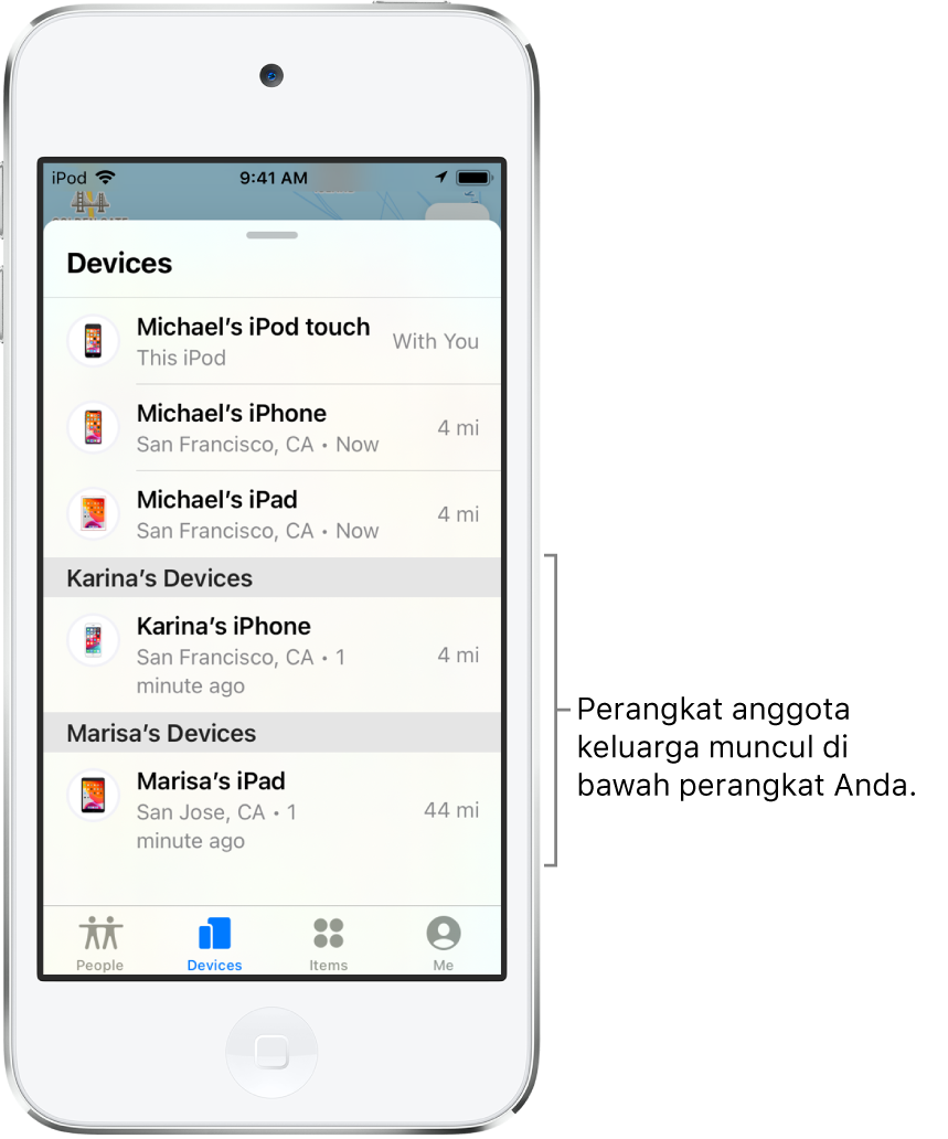 Tab Perangkat di Lacak. Perangkat Michael berada di bagian atas daftar. Di bawahnya terdapat iPhone Karina dan iPad Marisa.