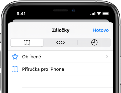 Obrazovka Záložky s volbami umožňujícími zobrazit kromě záložek také oblíbené položky a historii procházení