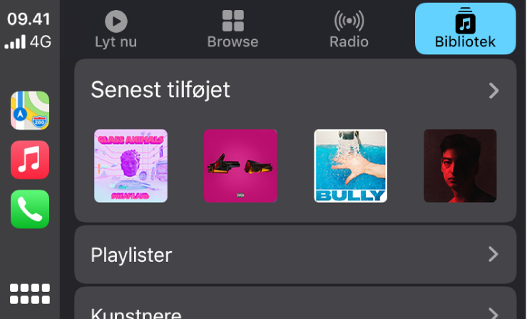 CarPlay-skærmen, der viser en gruppe med de senest tilføjede sange.
