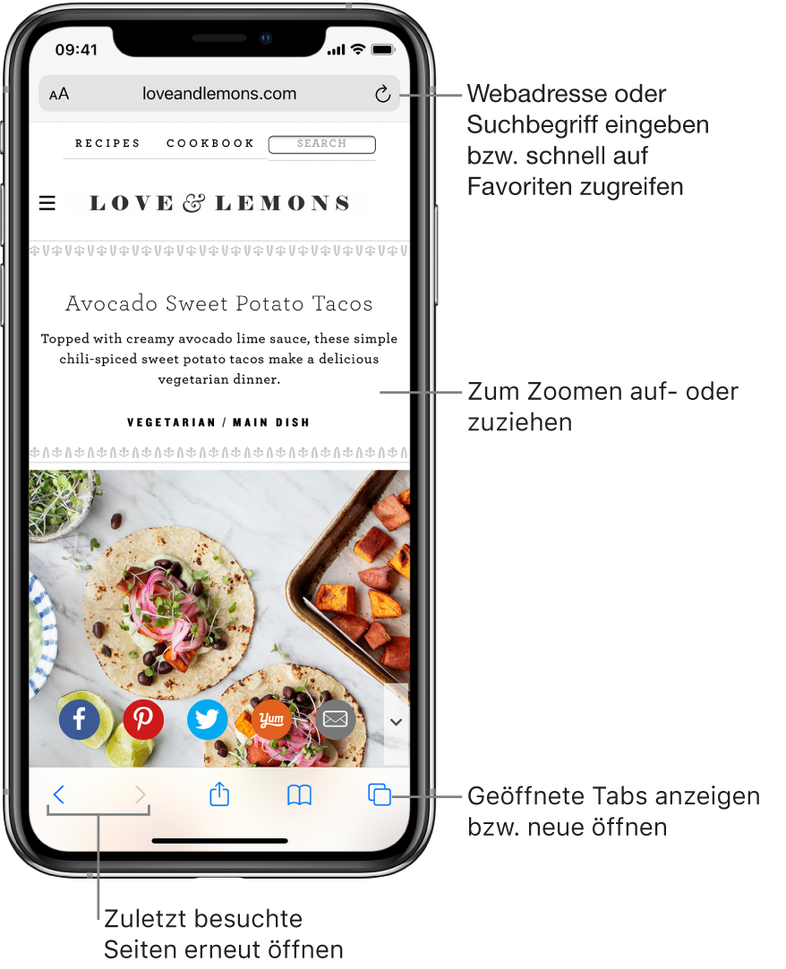 Eine in Safari geöffnete Website mit dem Adressfeld oben. Unten sind von links nach rechts die Tasten „Zurück“, „Vorwärts“, „Teilen“, „Lesezeichen“ und „Seiten“ zu sehen.