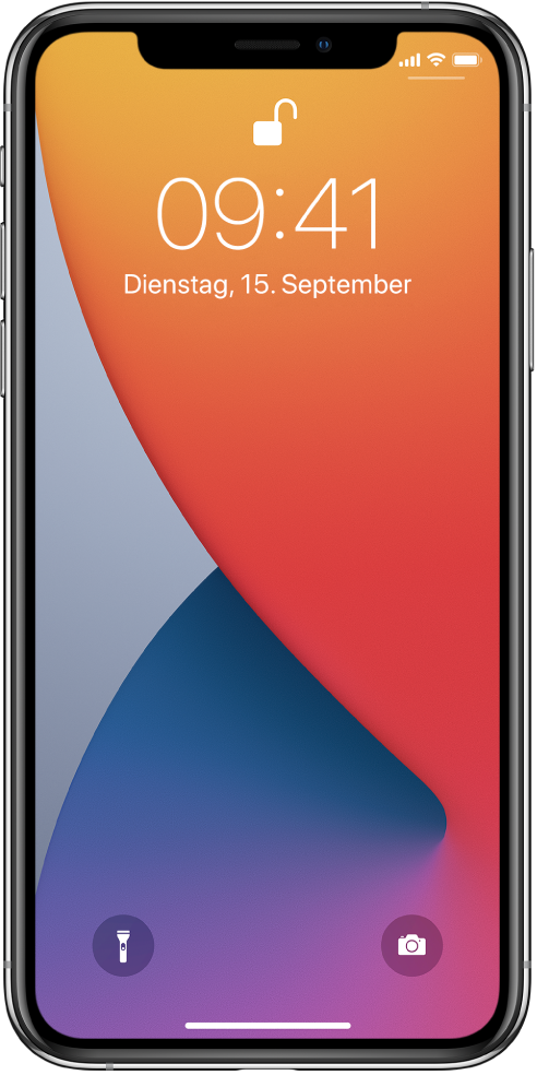 Der Sperrbildschirm des iPhone mit Uhrzeit und Datum.