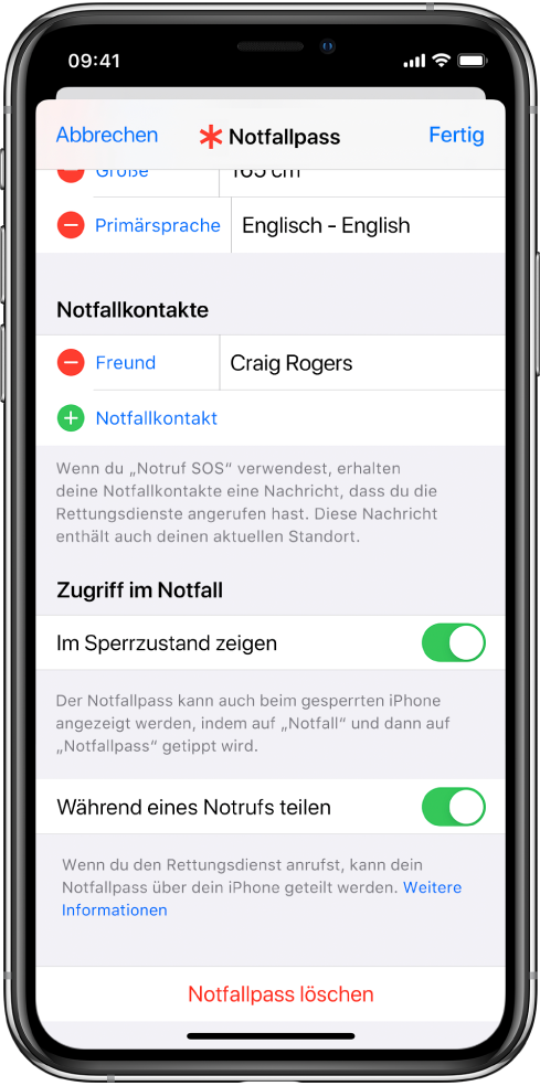 Ein Notfallpass-Bildschirm. Unten befinden sich Optionen, mit denen dein Notfallpass angezeigt werden kann, wenn der iPhone-Bildschirm gesperrt ist und du einen Notruf absetzt.
