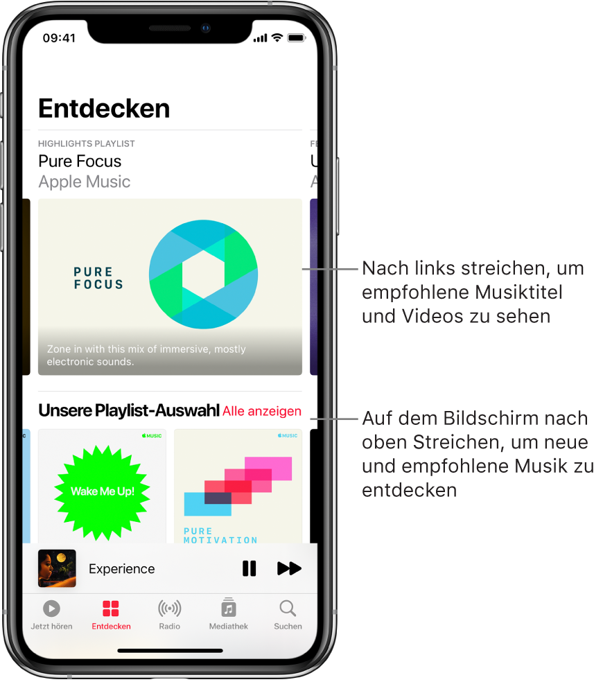 Der Bildschirm „Entdecken“ mit vorgestellter Musik oben. Du kannst nach links streichen, um mehr vorgestellte Musik und Videos zu entdecken. Darunter wird der Bereich „Diese Playlists musst du hören“ mit zwei Apple Music-Sendern angezeigt. Die Taste „Alle anzeigen“ befindet sich rechts neben dem Bereich „You Gotta Hear“. Du kannst auf dem Bildschirm nach oben streichen, um neue Musik und Empfehlungen zu sehen.