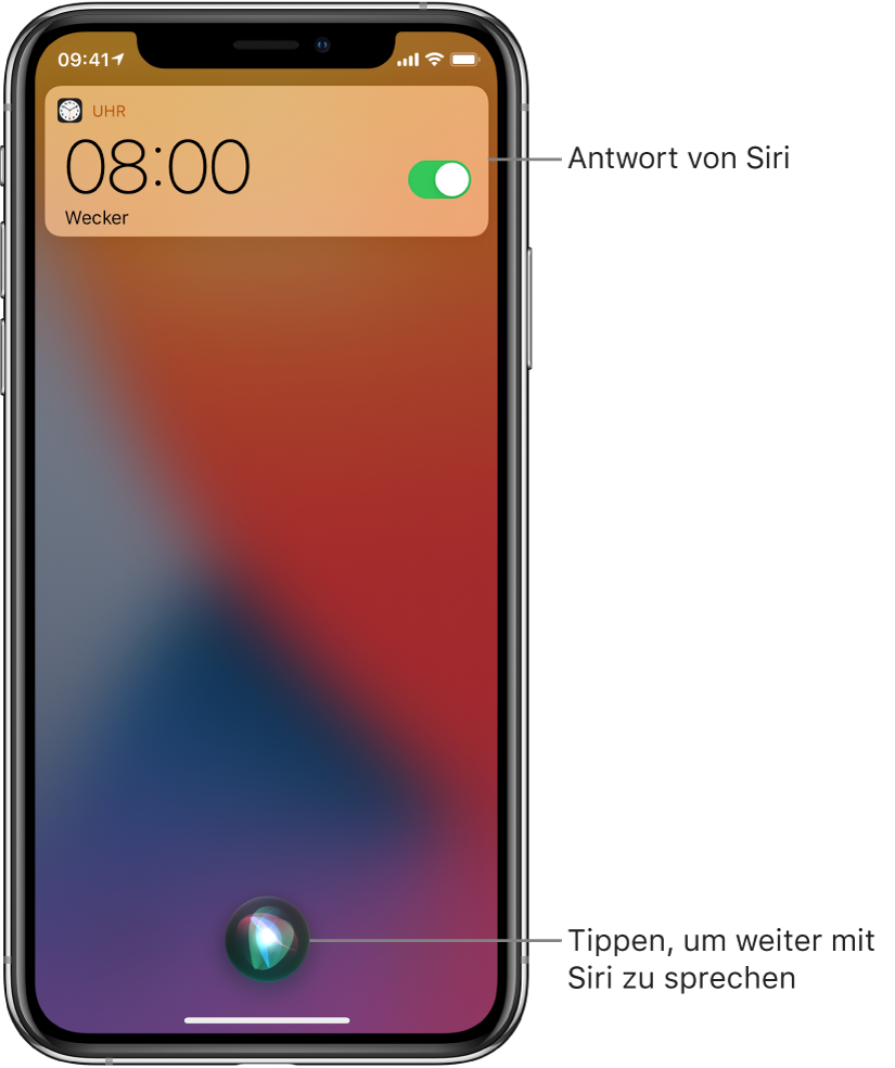 Siri auf dem Sperrbildschirm. Eine Mitteilung der App „Uhr“ zur Bestätigung, dass der Wecker auf 8:00 Uhr eingestellt wurde. Die Taste ganz unten in der Mitte dient dazu, die Konversation mit Siri fortzusetzen.