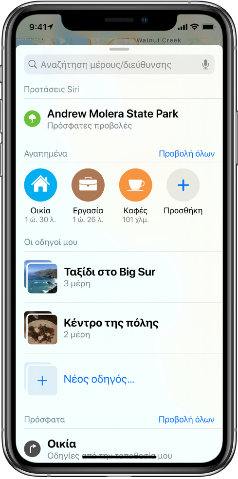 Η κάρτα αναζήτησης γεμίζει την οθόνη. Η ενότητα για τους Οδηγούς μου εμφανίζεται κάτω από τη γραμμή Αγαπημένων. Στην ενότητα «Οδηγοί μου» βρίσκονται οδηγοί με το όνομα «Ταξίδι στο Big Sur» και «Κέντρο πόλης» και μια επιλογή για δημιουργία ενός νέου οδηγού.