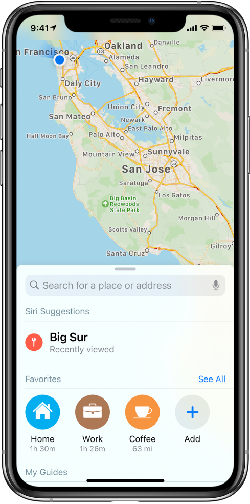 A map of the San Francisco Bay Area, with three favorites shown at the bottom of the screen. The favorites are Home, Work, and Coffee.