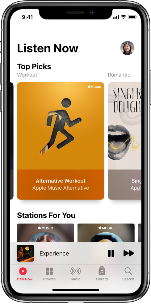 The Listen Now screen showing the profile button at the top right. Top Picks playlists appear below. Below Top Picks is the Stations For You section, showing two stations.