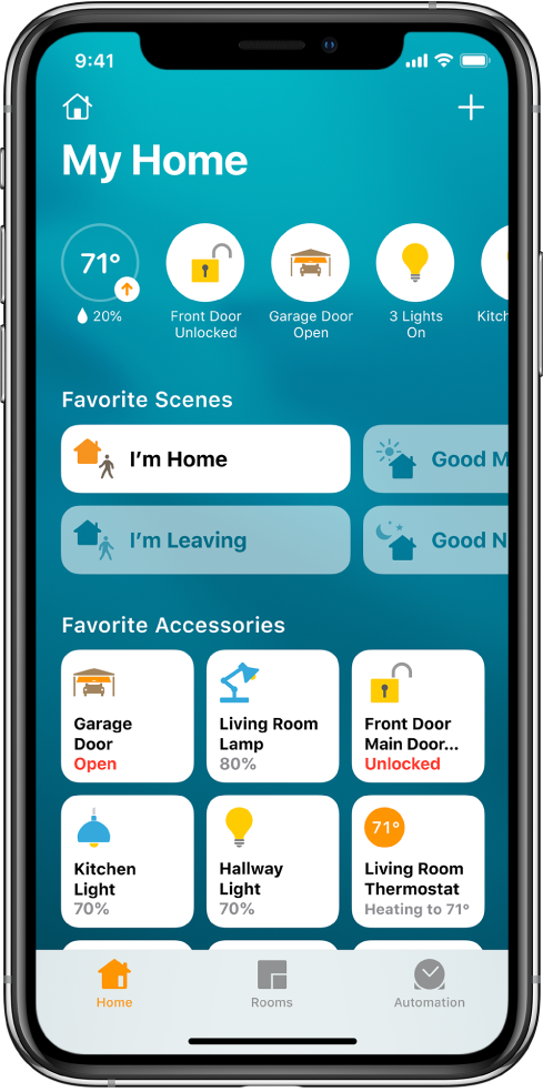 The home tab, showing scenes and accessories that have been marked as favorites. Accessory status buttons are also shown. Other tabs across the bottom are Rooms and Automation.
