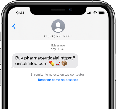 Una conversación de iMessage con un mensaje no deseado y el enlace “Reportar como no deseado” debajo.