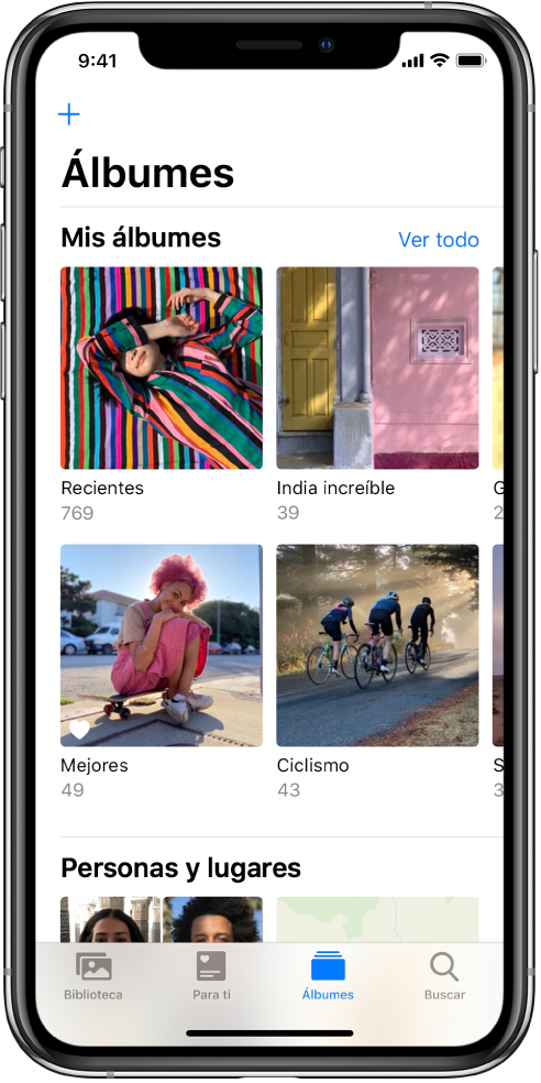 Se selecciona la pestaña Álbumes en la parte inferior de la pantalla. Debajo del encabezado “Mis álbumes”, en la pantalla aparecen los álbumes Recientes, “India increíble”, Favoritos y Ciclismo. Junto al encabezado “Mis álbumes” está el botón “Ver todo”. En la esquina superior izquierda de la pantalla se encuentra el botón Agregar.
