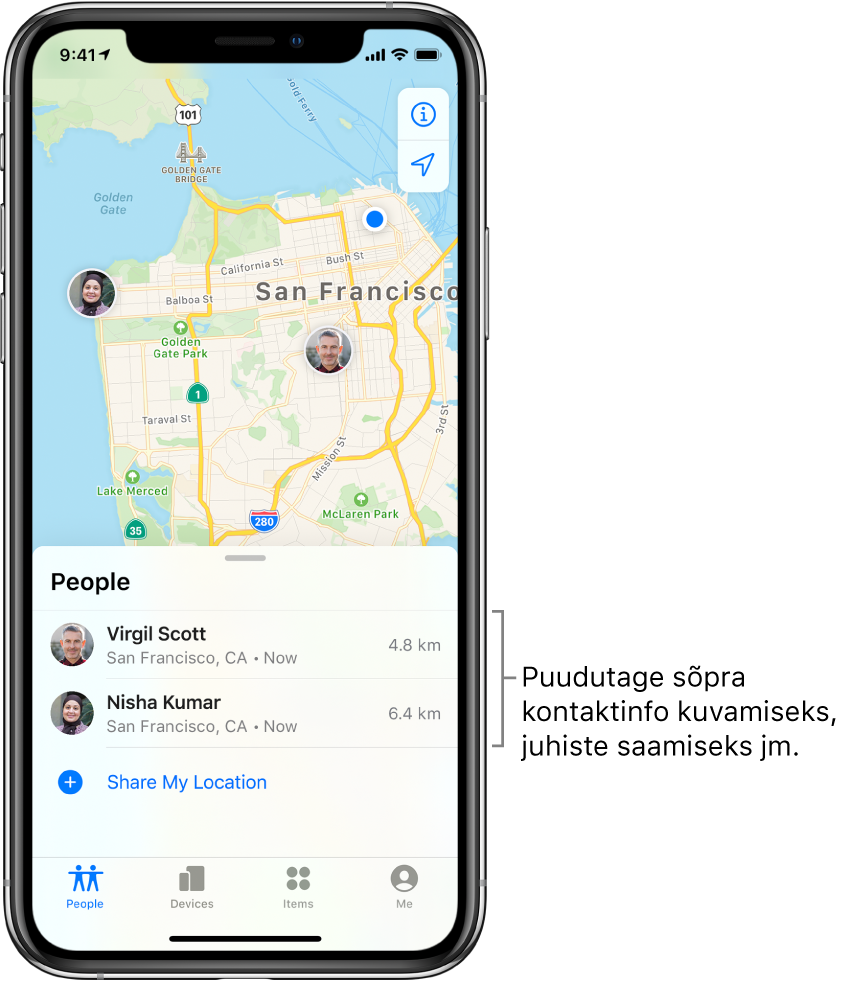 Rakenduse Find My kuvas on avatud vahekaart People. Loendis People on kaks sõpra. Virgil Scott ja Nisha Kumar. Nende asukohti kuvatakse San Francisco kaardil.