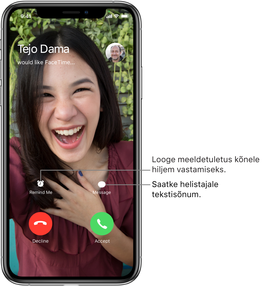Saabuva kõne kuva. Ekraani allservas asuvad ülemisel real (vasakult paremale) nupud Remind Me ja Message. Alumisel real asuvad (vasakult paremale) nupud Decline ja Accept.