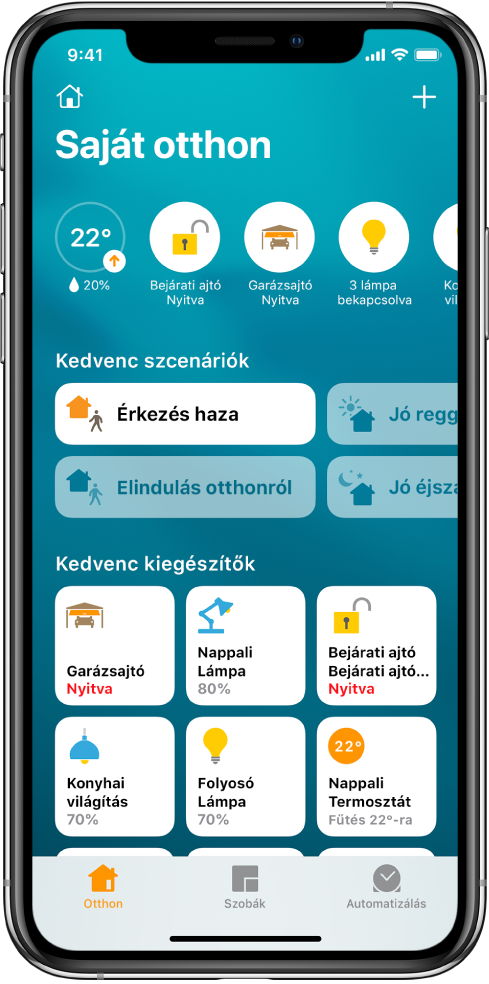 Az Otthon lap a kedvencként megjelölt jelenetekkel és kiegészítőkkel. A kiegészítők állapotát jelző gombok szintén láthatók. A képernyő alján lévő további lapok a következők: Szobák és Automatizálás.