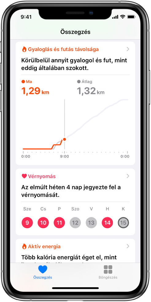 Az Összegzés képernyő a kiemelt adatokkal, amelyek között az adott napon gyalogosan és futva megtett távolság látható, továbbá az előző hét azon napjainak száma, amikor a vérnyomás rögzítve lett.