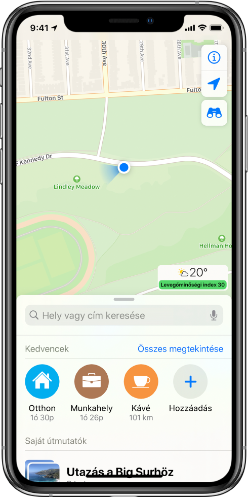 A térkép megjeleníti az aktuális helyzetet egy nagyváros parkjában.