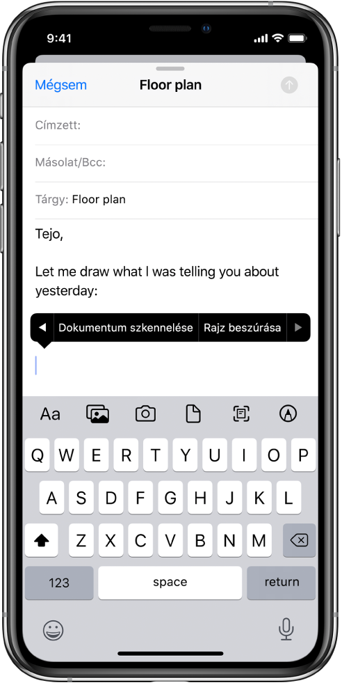 Egy e-mail vázlata, a képernyő közepén pedig a rajz beszúrásához használható gomb.