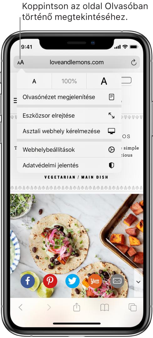 A címmező a Safariban, bal oldalán az Olvasó gombbal.