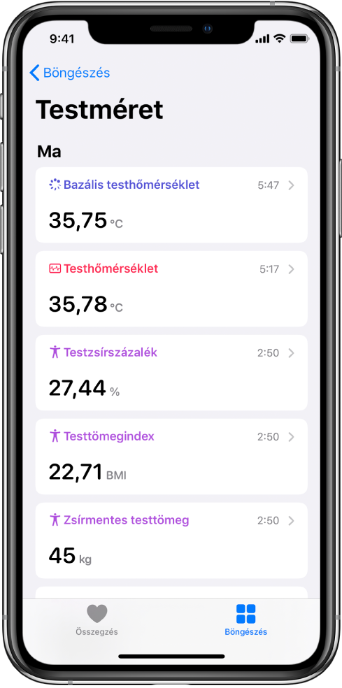 A részleteket megjelenítő képernyő a Testméret kategóriához.