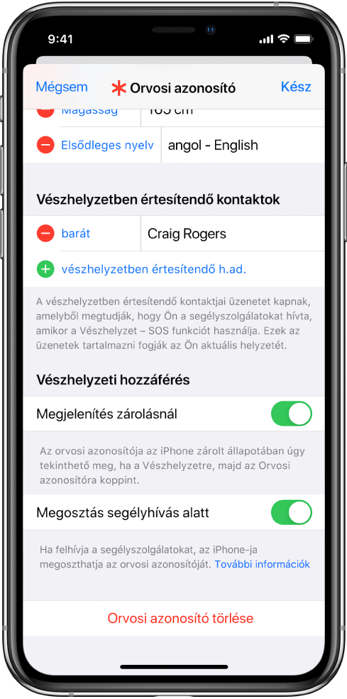 Az orvosi azonosító képernyője. A képernyő alján lévő opciók segítségével megjelenítheti az orvosi azonosítójához hozzáadott információkat, amikor az iPhone zárolva van, illetve amikor segélyhívást indít.
