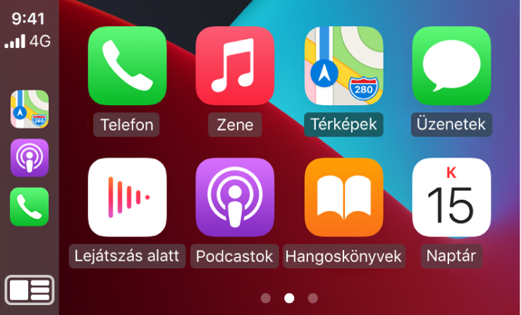 A CarPlay főképernyője a Telefon, a Zene, a Térképek, az Üzenetek, a Lejátszás alatt, a Podcastok, a Hangoskönyvek és a Naptár ikonjaival.