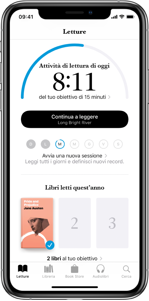 La sezione “Obiettivi di lettura” in Letture. Il cronometro di lettura mostra che sono trascorsi 10 minuti di un obiettivo di 20 minuti. Sotto al cronometro è presente il pulsante “Continua a leggere” e dei cerchi che mostrano i giorni della settimana, da domenica a sabato, e contorni blu attorno al cerchio per indicare i progressi di lettura per quel giorno. In fondo alla pagina ci sono le copertine della raccolta “Libri letti quest'anno”.
