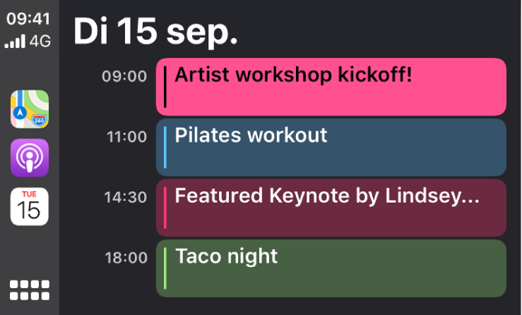 Een Agenda-scherm in CarPlay met vier activiteiten voor dinsdag 15 september.
