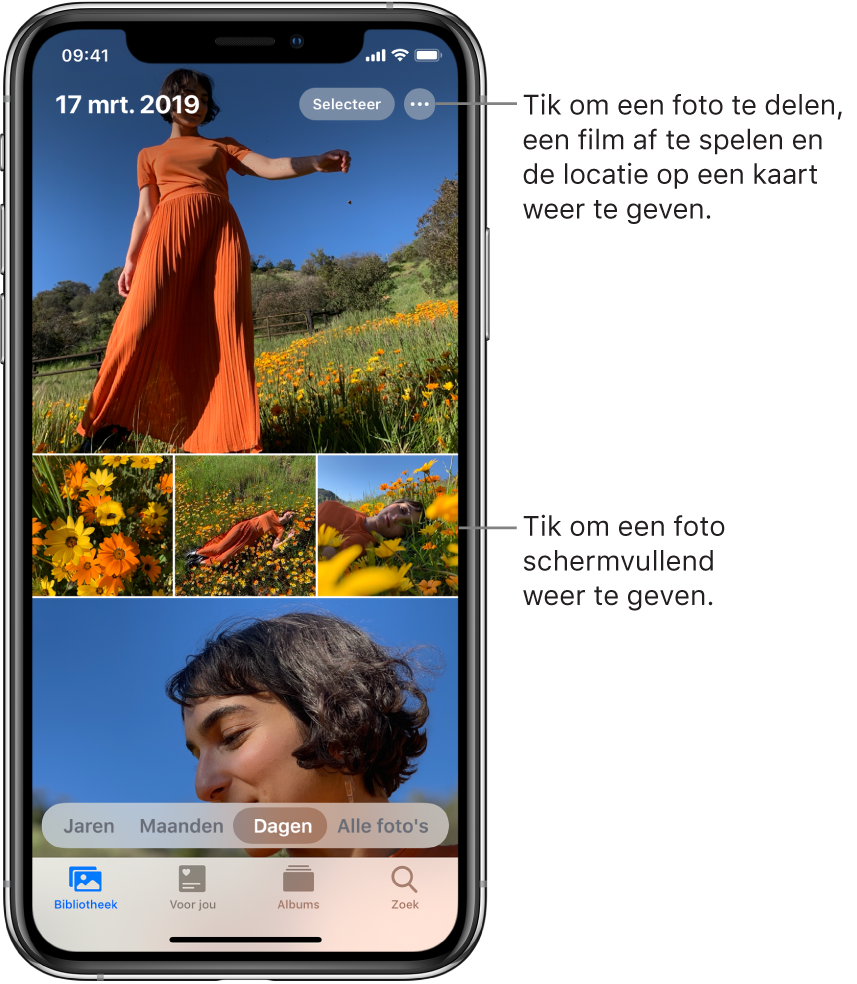 De fotobibliotheek in de weergave 'Dagen'. Een selectie van fotominiaturen vult het scherm. Linksboven in het scherm is te zien op welke datum en welke locatie de foto's zijn genomen. Rechtsboven staan de knoppen 'Selecteer' en 'Meer opties' om foto's te delen en details ervan te bekijken. Onder de miniaturen staan opties om de fotobibliotheek in de weergaven 'Jaren', 'Maanden', 'Dagen' en 'Alle' te zien. Onder in het scherm zie je de tabbladen 'Bibliotheek', 'Voor jou', 'Albums' en 'Zoek'.