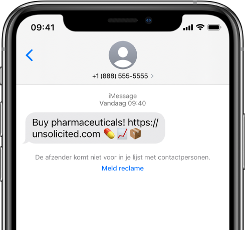 Een gesprek in iMessage met een spambericht en daaronder de link 'Meld reclame'.