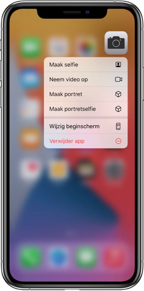 Het beginscherm is wazig en onder de Camera-app worden de snelmenutaken voor Camera weergegeven.