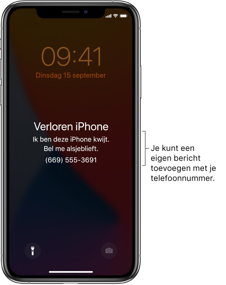 Het toegangsscherm van een iPhone met het bericht: "Verloren iPhone. Ik ben deze iPhone kwijt. Bel me alsjeblieft. (669) 555-3691." Je kunt een eigen bericht toevoegen met je telefoonnummer.