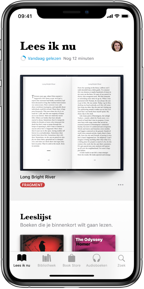 Het tabblad 'Lees ik nu' in de Boeken-app. Onder in het scherm staan van links naar rechts de tabbladen 'Lees ik nu', 'Bibliotheek', 'Book Store', 'Audioboeken' en 'Zoek'.