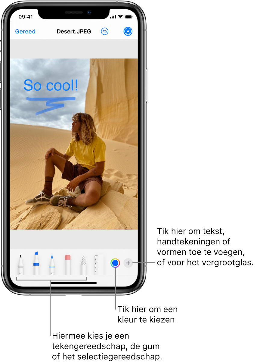 Een afbeelding wordt bewerkt met 'Markeringen'. Onder de afbeelding zie je van links naar rechts de knoppen voor de annotatiegereedschappen: tekenpennen, gum, selectiegereedschap en kleuren; knoppen voor het toevoegen van een tekstvak, je handtekening en vormen; en een knop voor het vergrootglas.