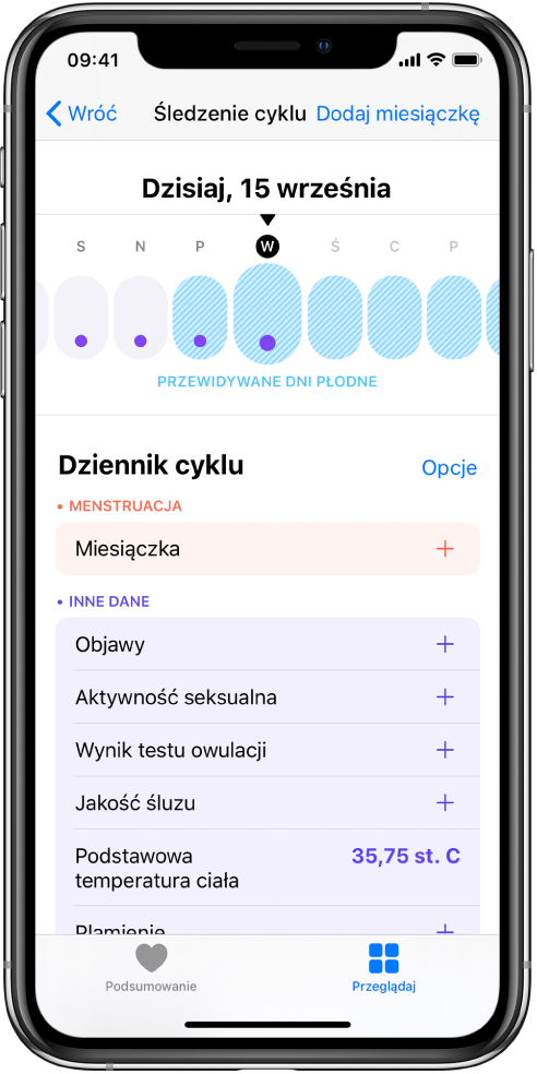 Ekran śledzenia cyklu. Na górze ekranu widoczna jest linia czasowa przedstawiająca tydzień. Pierwsze cztery dni na linii czasowej oznaczone są purpurowymi kropkami. Ostatnie pięć dni oznaczonych jest kolorem jasnoniebieskim. Poniżej linii czasowej znajdują się opcje pozwalające na dodawanie danych dotyczących miesiączki, objawów i innych.