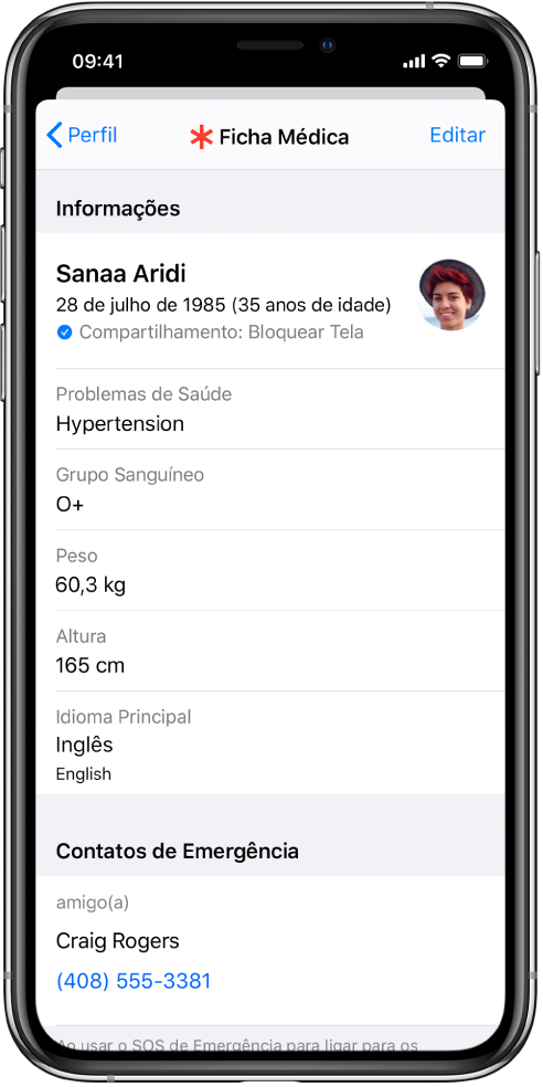 Tela de Ficha Médica com informações que incluem data de nascimento, problemas de saúde, medicamentos e um contato de emergência.