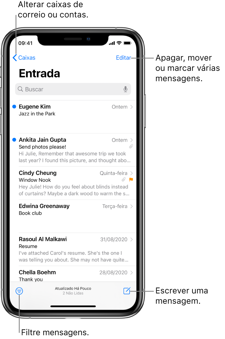 Caixa de Entrada mostrando uma lista de e‑mails. O botão Caixas de Correio para mudar para outra caixa de entrada encontra-se no canto superior esquerdo. O botão Editar para apagar, mover ou marcar e‑mails encontra-se no canto superior direito. O botão para filtrar e‑mails para que apenas certos tipos de e‑mails sejam mostrados encontra-se no canto inferior esquerdo. O botão para redigir um novo e‑mail se encontra no canto inferior direito.