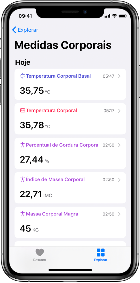 Tela de detalhes da categoria Medidas Corporais.