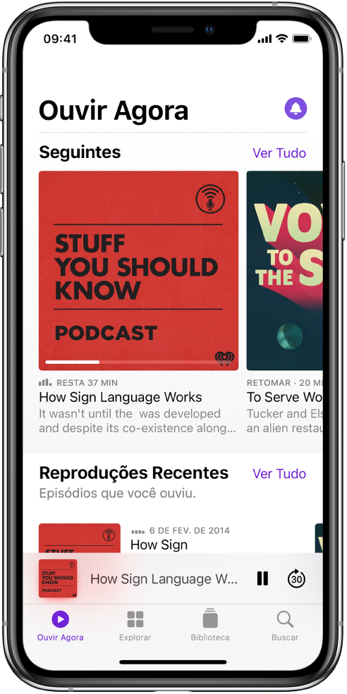 Aba Ouvir Agora mostrando episódios atualizados recentemente.