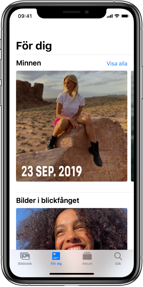 Fliken För dig visar ett minne. Överst till höger på skärmen finns knappen Visa alla som visar alla dina minnen.