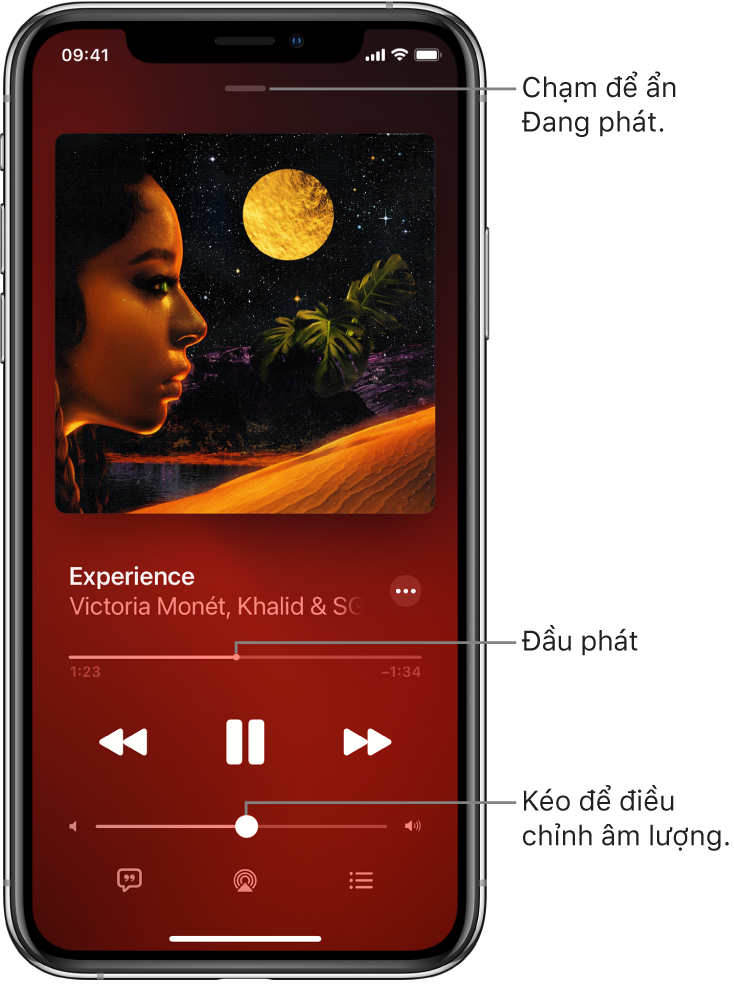Màn hình Đang phát đang hiển thị bìa album. Bên dưới là tiêu đề bài hát, tên nghệ sĩ, nút Thêm, đầu phát, các điều khiển phát, thanh trượt âm lượng, nút Lời bài hát, nút Đích phát lại và nút Hàng đợi. Nút Ẩn Đang phát ở trên cùng.