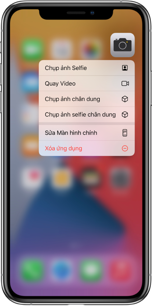 Màn hình chính được làm mờ, với menu tác vụ nhanh Camera đang hiển thị bên dưới ứng dụng Camera.
