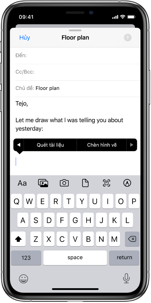 Một email nháp đang được soạn với một công cụ chèn bản vẽ hiển thị ở giữa màn hình.