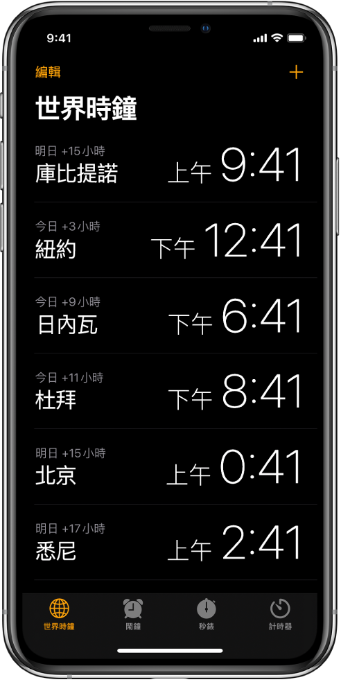 「世界時鐘」分頁,顯示各個城市的時間。點一下左上角的「編輯」來排列時鐘。點一下右上角的「加入」按鈕來加入更多時鐘。「世界鬧鐘」、「鬧鐘」、「秒錶」和「計時器」按鈕排列在底部。