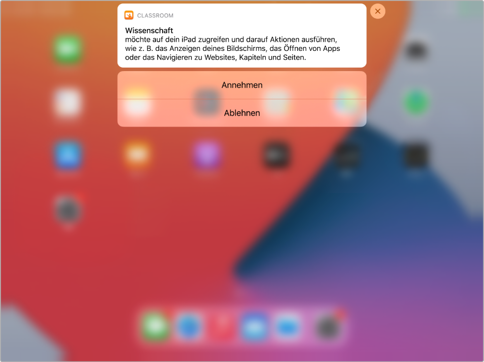 Ein iPad-Bildschirm zeigt eine Mitteilung zur Fernverbindung.
